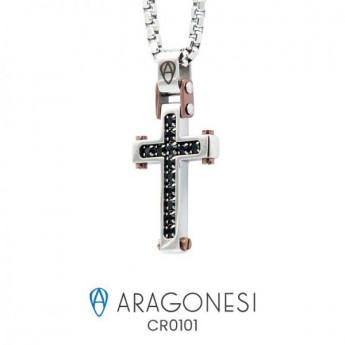 Collana Uomo con Croce In Acciaio 316L Aragonesi Gioielli collezione Binario Ref- CR0101 con pietre cubic zirconia black