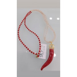 Collana donna pendente in argento 925% e corallini colorati con corno portafortuna